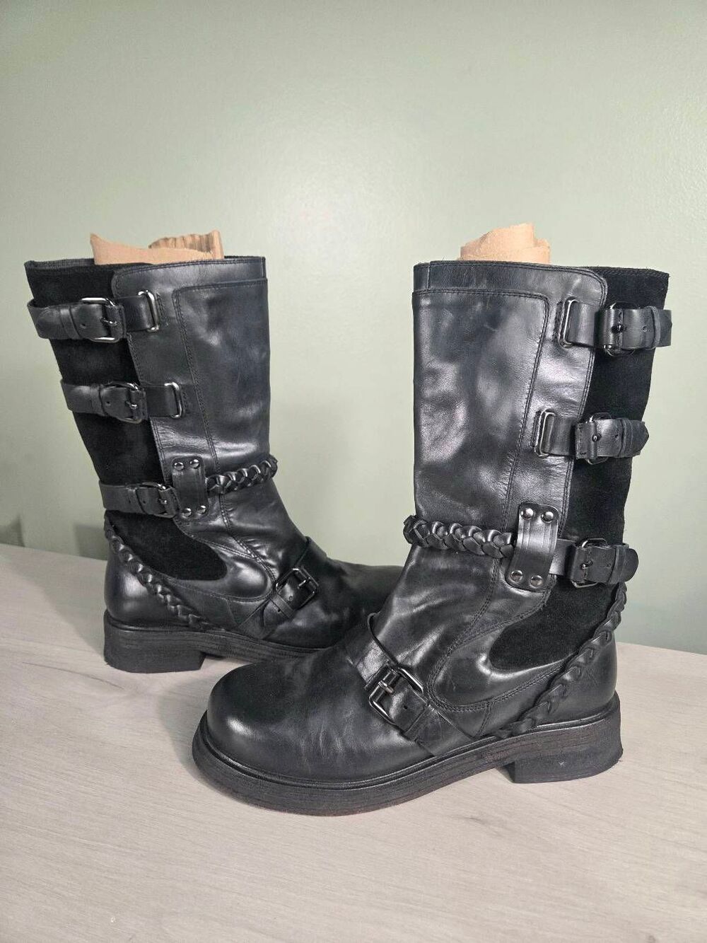Free People Billie Buckle Leather Suede Mid-Calf Moto Boots Black Sz. 9 - Picture 3 of 13